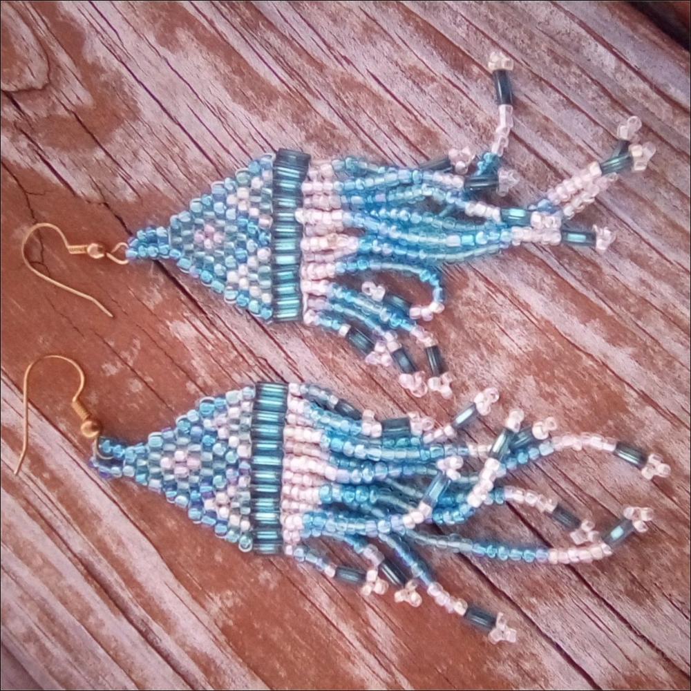 Vintage Boho Beaded Fringe Earrings Teal Turquoise Statement - Picture 2 of 5